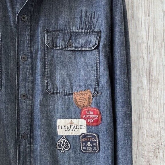 Vintage Men Denim Shirt Long Sleeve Jean Classic Born Fly Embroidered Patch 2XL - Picture 5 of 10
